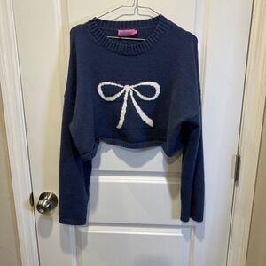 Edikted Navy Blue Cropped‎ Sweater White Bow Long Sleeve Knit Top XS S